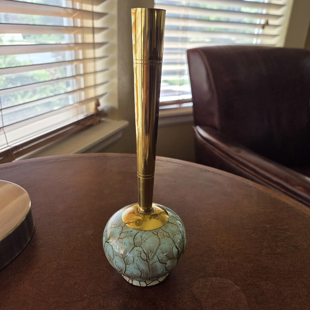 Vintage Delft Blue And Brass Vase. Approximately 8.75